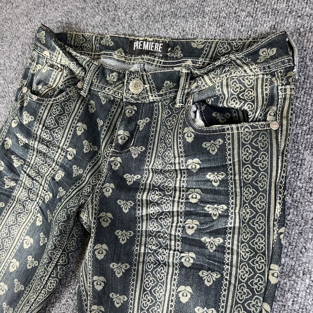 Y2K Premiere by rue21 Women's Flare Jeans 7/8 Boho Baroque Print Denim 2000s EUC